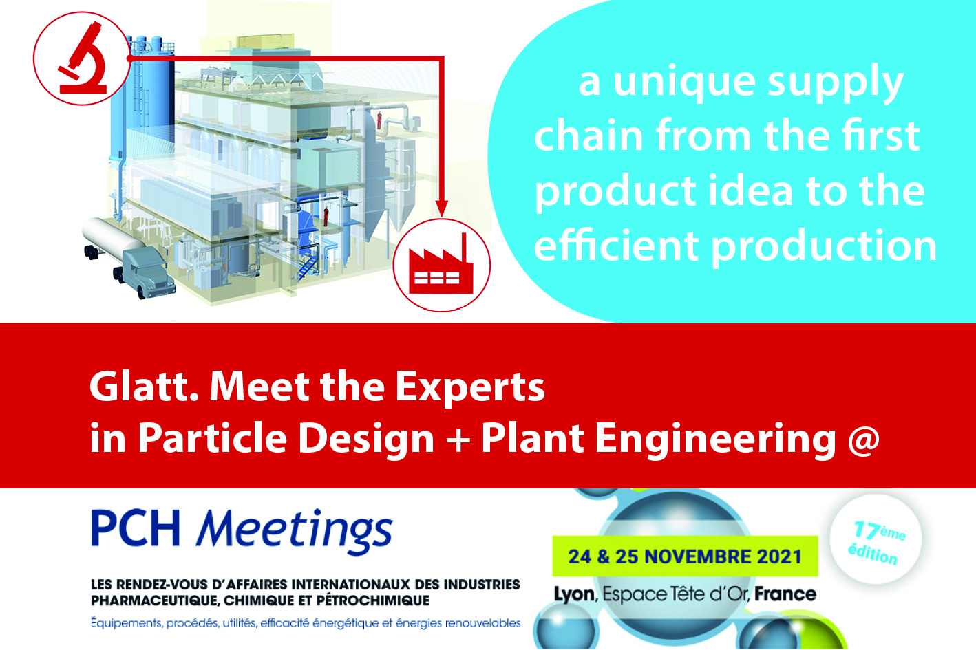 Treffen Sie die Glatt Experten für Partikeldesign und Anlagenbau zu den PCH Meetings am 24.-25. November in Lyon, Frankreich