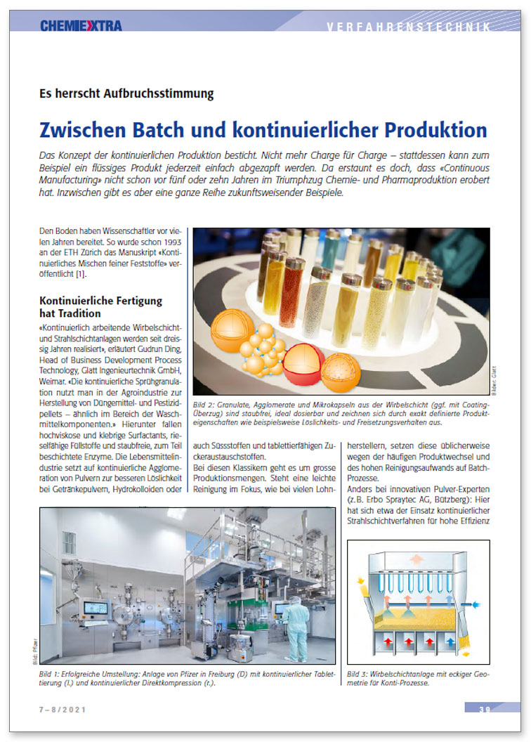 Glatt Fachbeitrag zum Thema ''Aufbruchstimmung zwischen Batch und Kontinuierlicher Produktion'', veröffentlicht im Fachmagazin ChemieXtra, Ausgabe 07-08/2021, SIGWERB Gmb