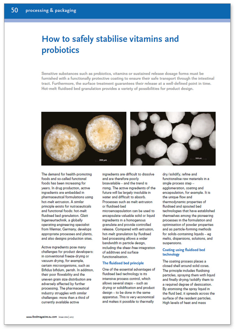Glatt Fachbeitrag zum Thema ''How to safely stabilise vitamins and probiotics'', veröffentlicht im Fachmagazin 'foodeurope', Ausgabe 01/2017, Hoskins & Fall Publishing