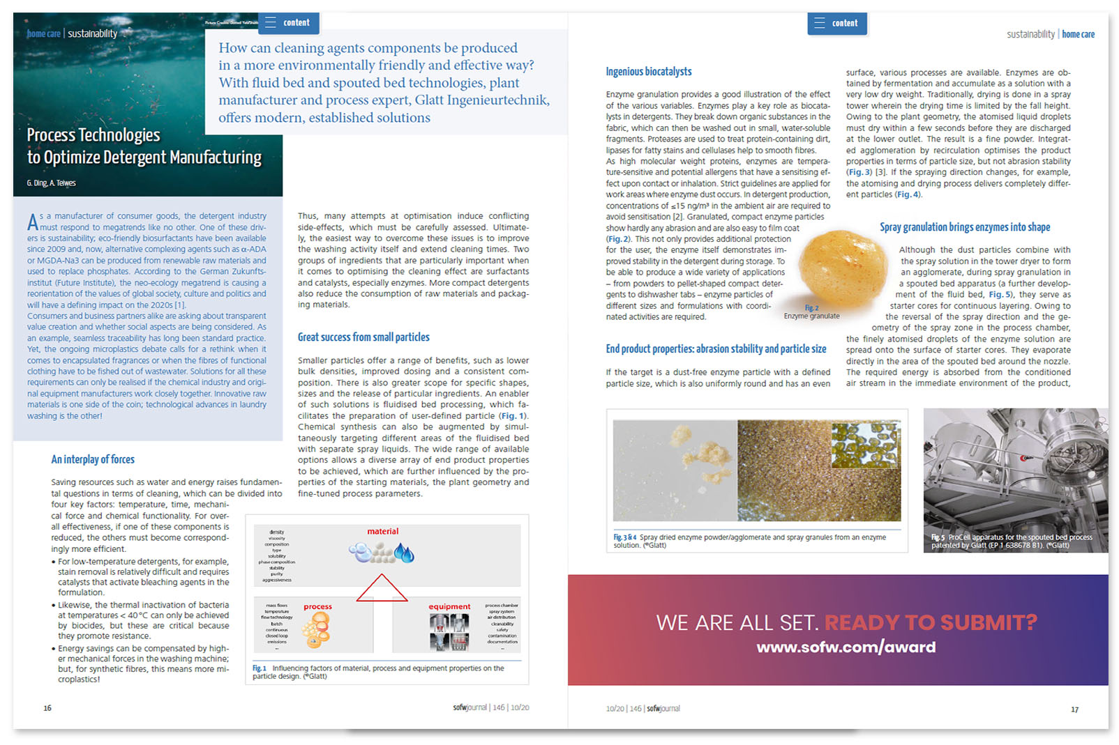 Glatt's technical article on 'Process technologies for optimizing detergent manufacturing', published in SOFW, issue 10.2020, Verlag für chemische Industrie H. Ziolkowsky GmbH.