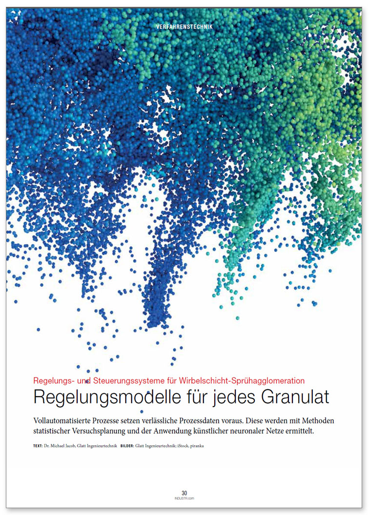 Preview image of Glatt technical article on the topic ''Regulation and control systems for fluid bed spray agglomeration'', published in the trade magazine 'P&A Prozessdigitalisierung Automation', issue 10/2018, publish-industry Verlag Gmb