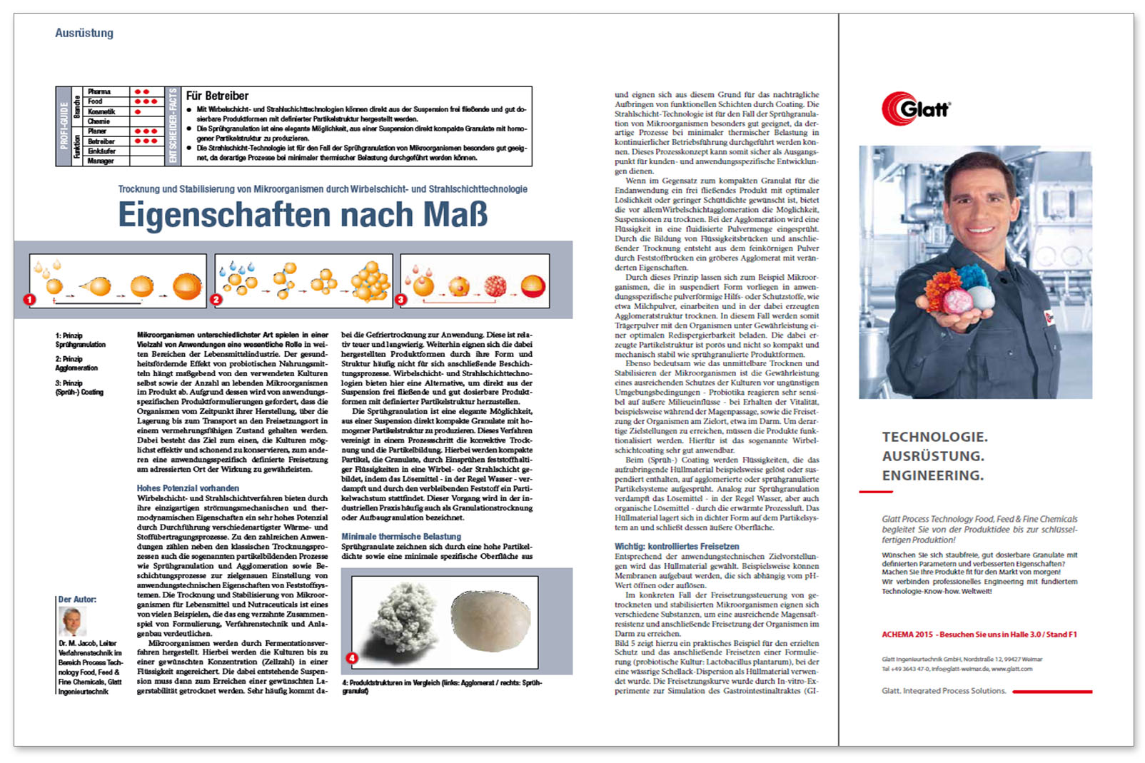 Glatt Fachbeitrag zum Thema ''Trocknung und Stabilisierung von Mikroorganismen'', veröffentlicht im Fachmagazin Pharma+Food, Ausgabe Juni/2015, Hüthig GmbH