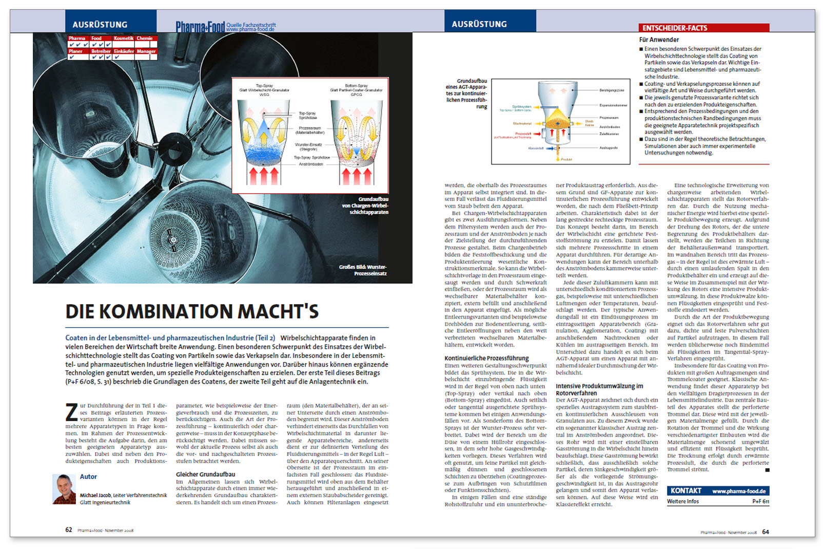Glatt technical article on 'Coaten in der Lebensmittel- und pharmazeutischen Industrie, Teil 2', published in the trade magazine 'Pharma+Food', issue 07/2008, Hüthig GmbH