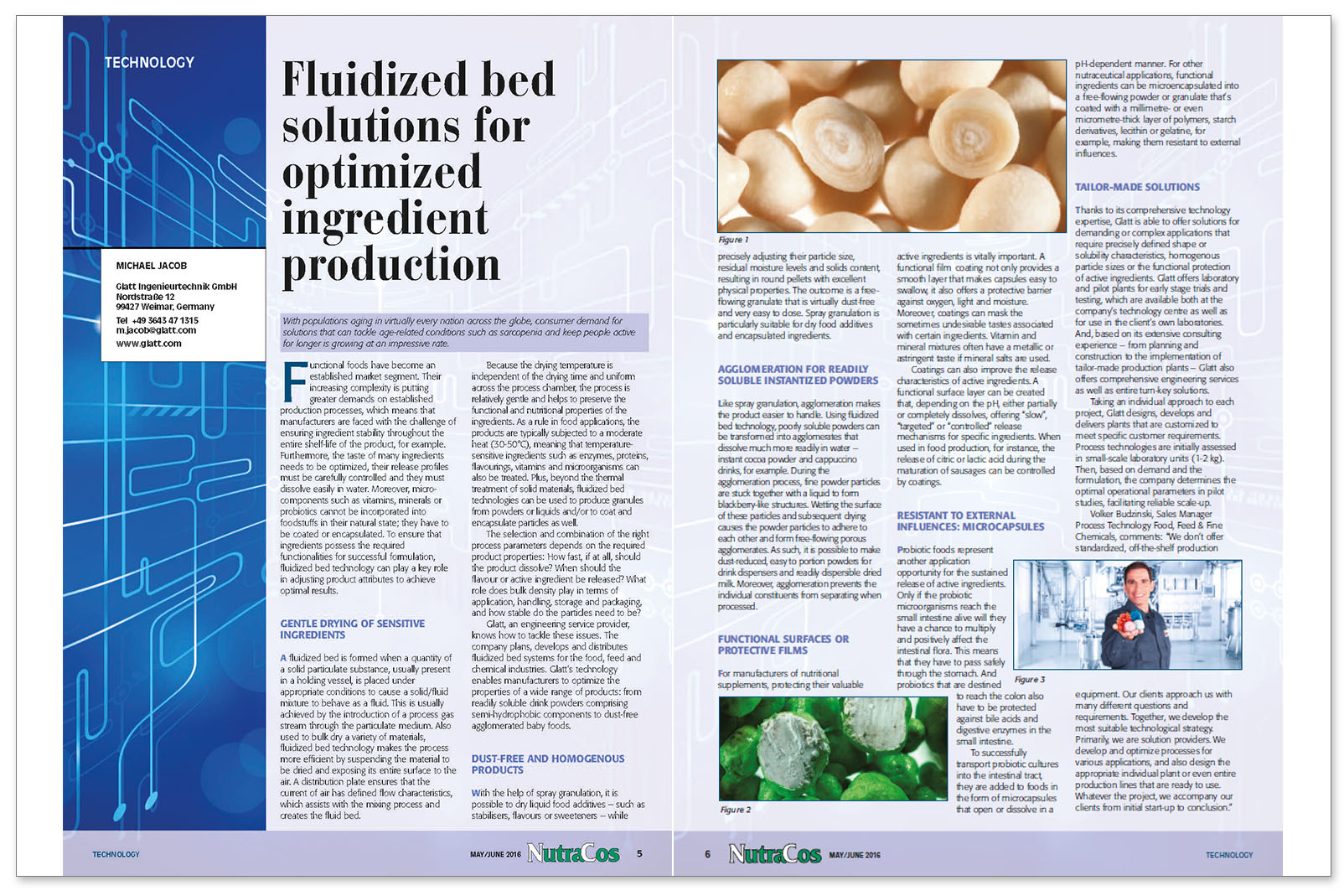 Glatt technical article on 'Fluidized bed solutions for optimized ingredient production', published in the trade magazine 'NutraCos', issue 03/2016, B5 S.r.l.