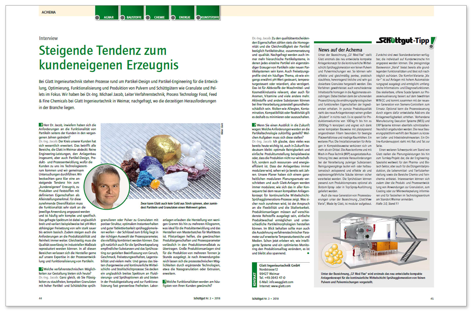 Glatt interview on ''Steigende Tendenz zum kundeneigenen Erzeugnis'', published in the trade magazine Schüttgut, issue 04/2018, VOGEL Communications Group GmbH & Co. KG