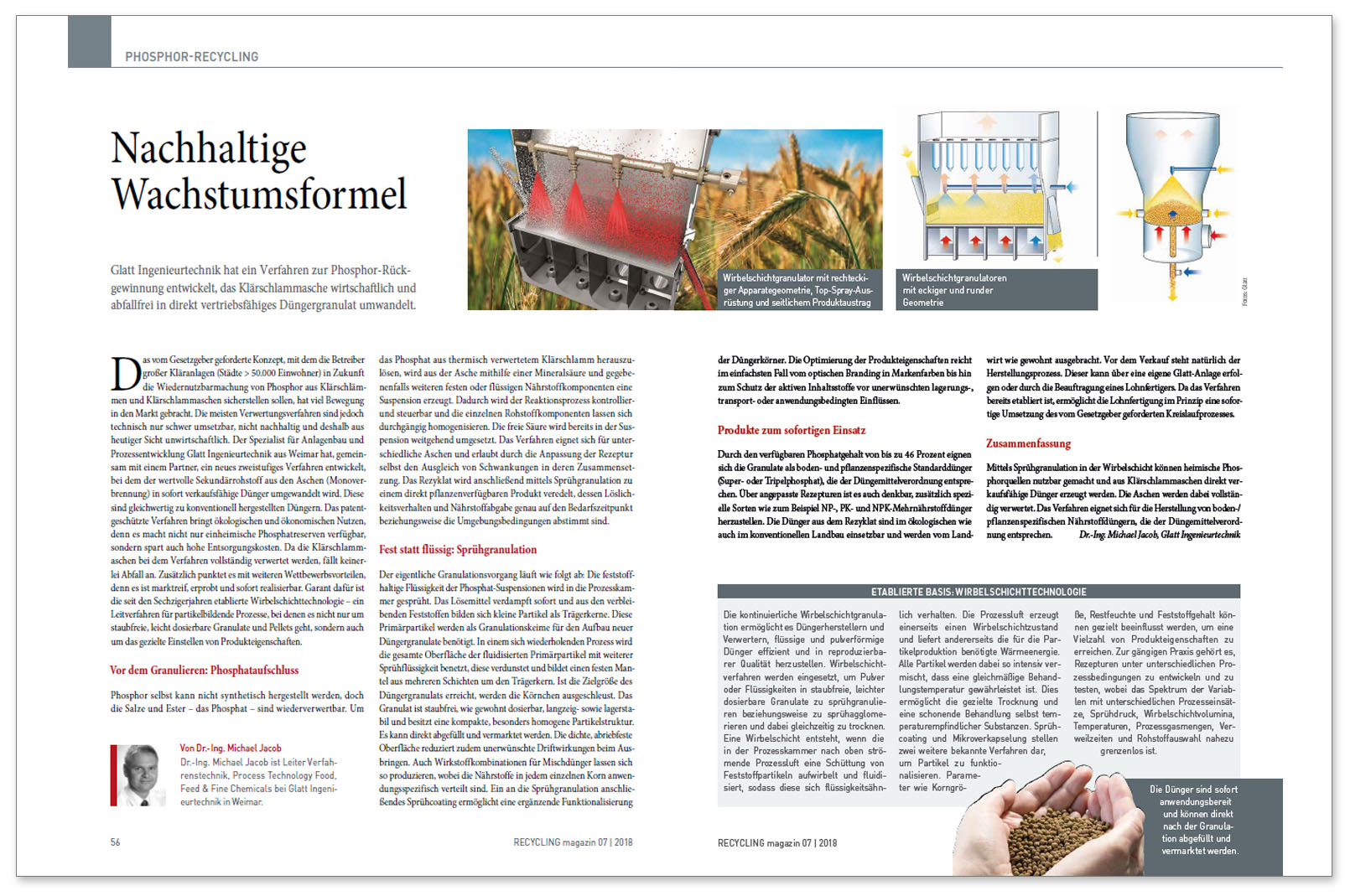 Glatt article on 'Phosphor-Recycling - Nachhaltige Wachstumsformel', published in the RECYCLINGmagazin, Issue 07.2018, DETAIL Business Information GmbH