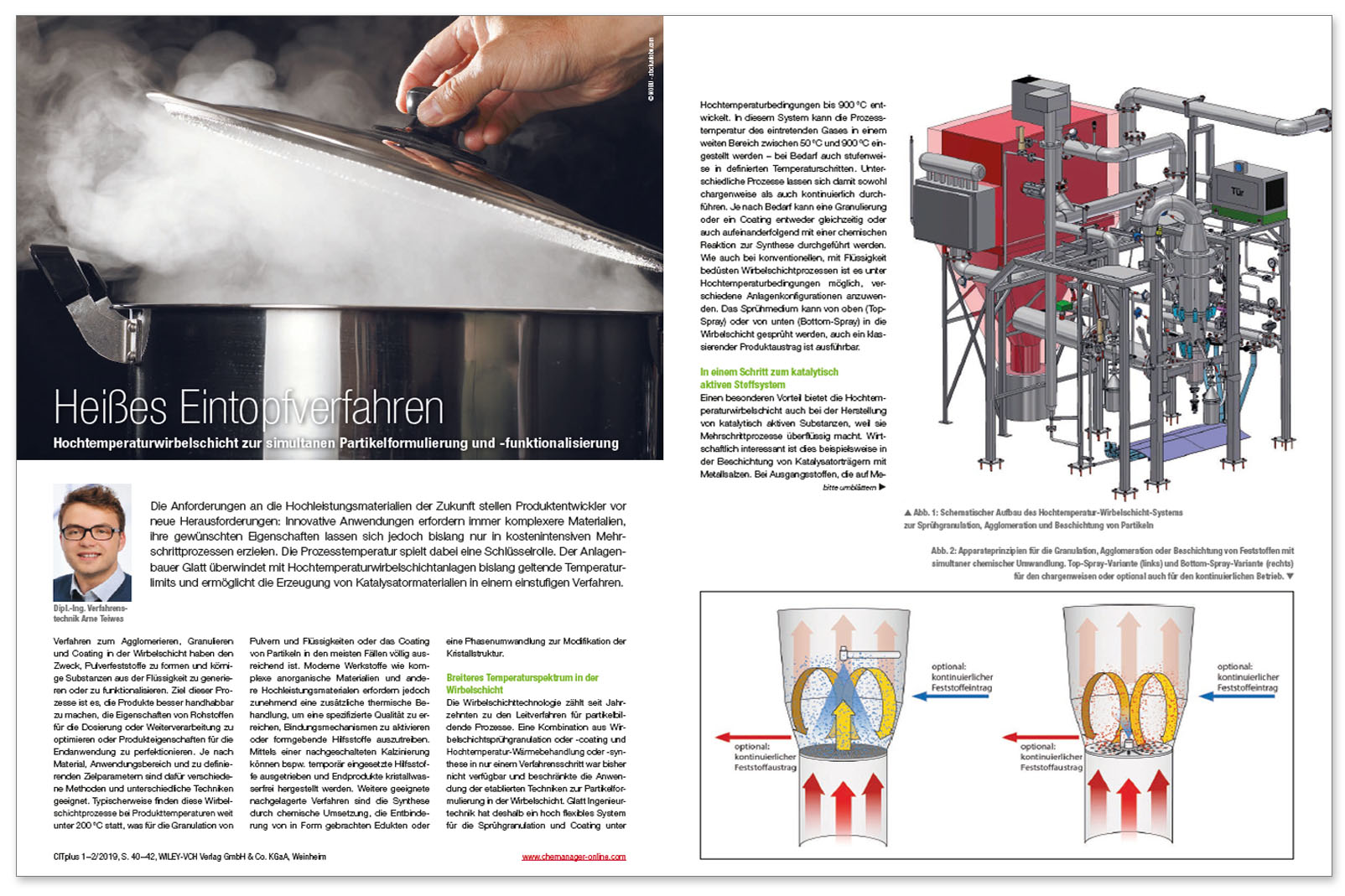 Glatt technical article on "Hochtemperatur-Wirbelschicht zur simultanen Partikelformulierung und -funktionalisierung", published in the trade magazine CITplus, issue 01/2019, Wiley-VCH Verlag GmbH & Co. KGaA