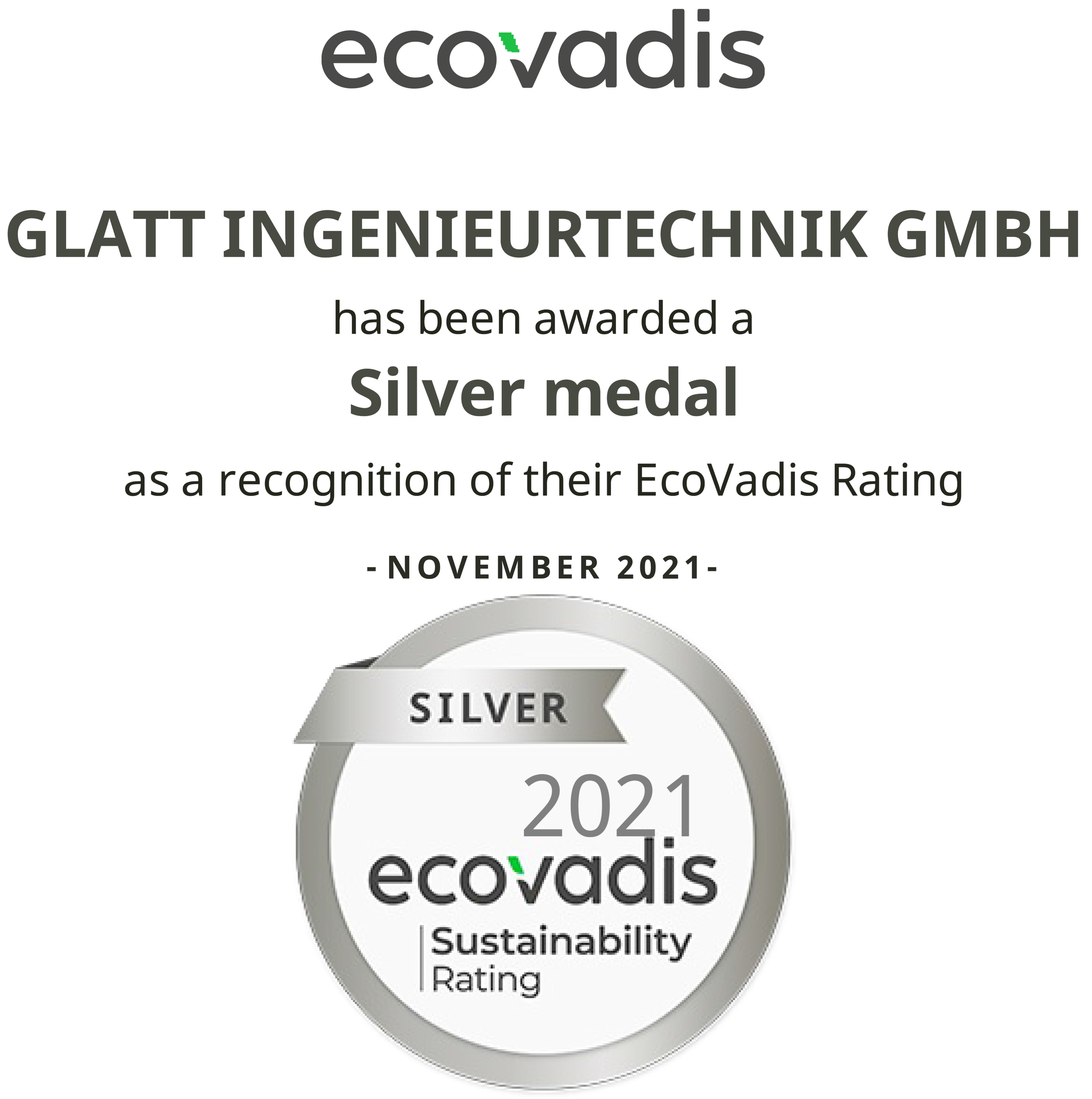 Silver medal in EcoVadis certification for sustainable actions of Glatt Ingenieurtechnik