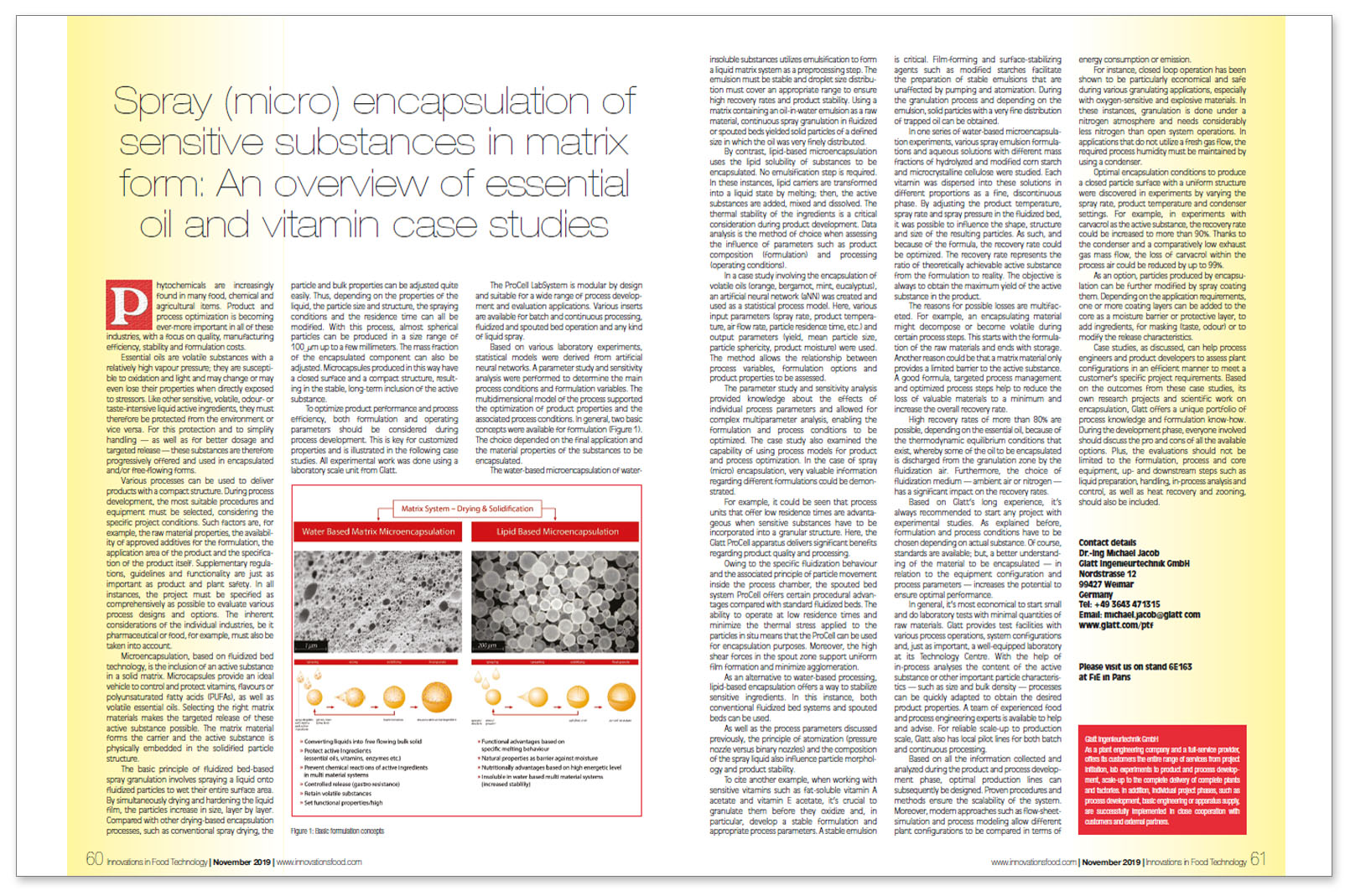 Glatt technical article on 'Spray (micro)encapsulation of sensitive substances in matrix form', published in the trade magazine 'Innovations in Food Technology', issue 11/2019