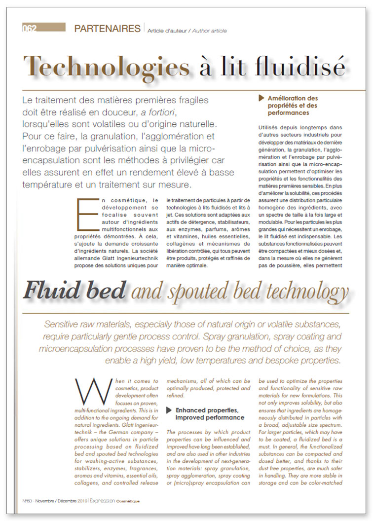 Glatt technical article on 'Technologies à lit fluidisé_Fluid bed and spouted bed technology', published in the trade magazine 'Expression Cosmetique', issue 11/2019, EC PRESSE