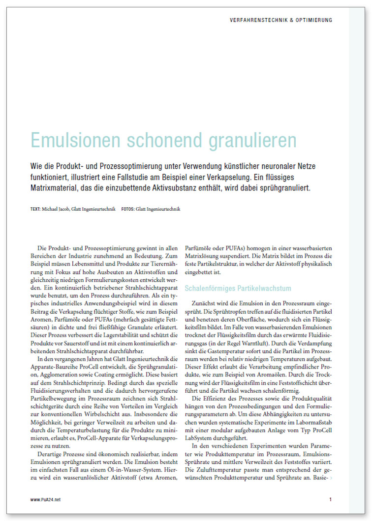 Glatt technical article on 'Emulsionen schonend granulieren', published in the trade magazine 'P&A Prozessdigitalisierung Automation', Kompendium 2009-2010, publish-industry Verlag GmbH