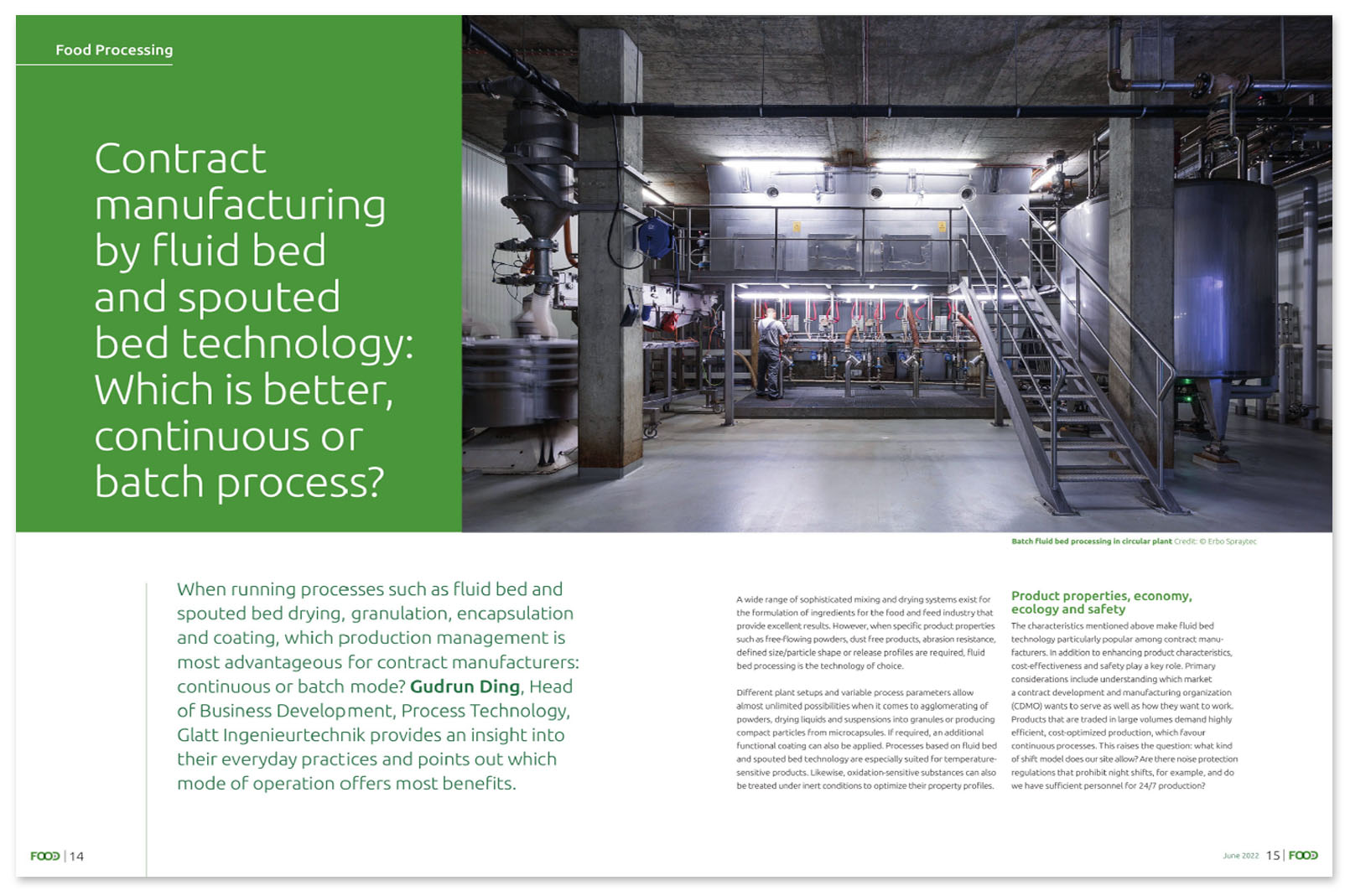 Glatt article on ''Contract manufacturing by fluid bed and spouted bed technology: Which is better, continuous or batch process?'', published in the magazine 'FEI - Food Engineering & Ingredients', issue Juni/2022, PanGlobal Media