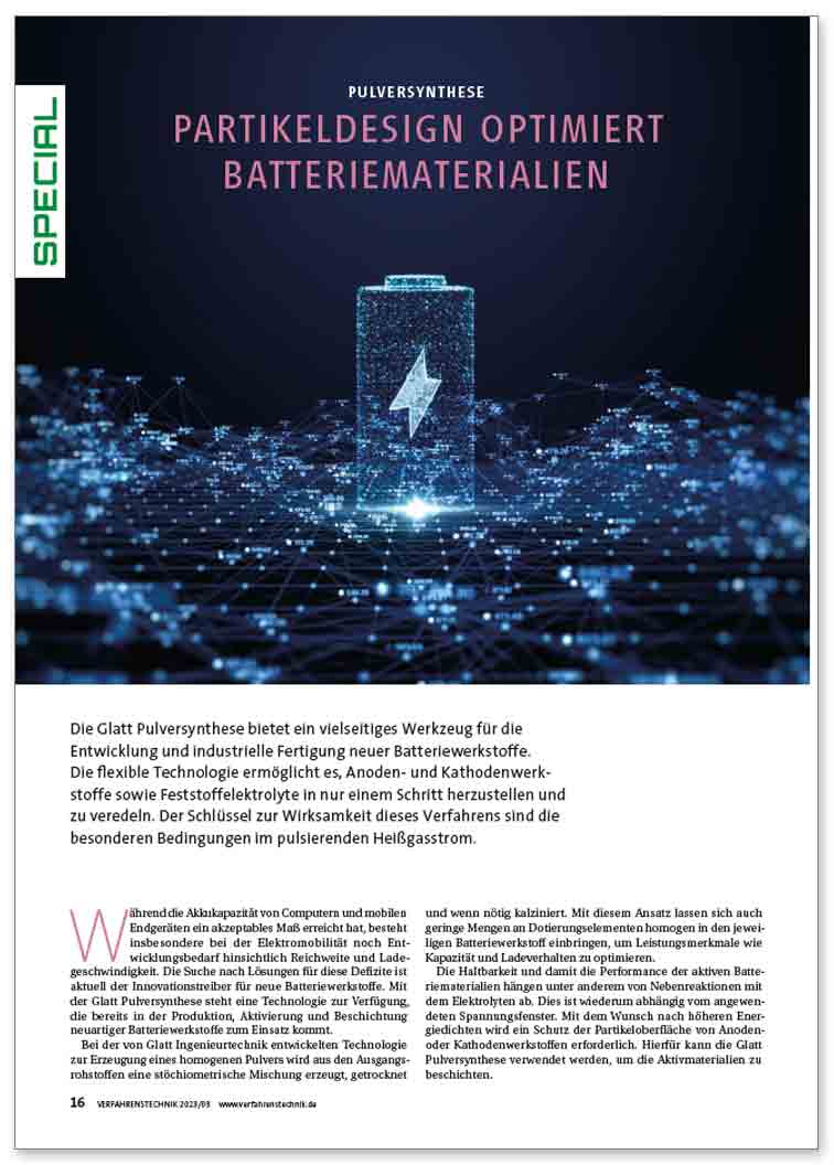Glatt article on ''Pulversynthese - Partikeldesign-optimiert-Batteriematerialien'', published in the magazine 'Verfahrenstechnik', issue 03/2023, Vereinigte Fachverlage