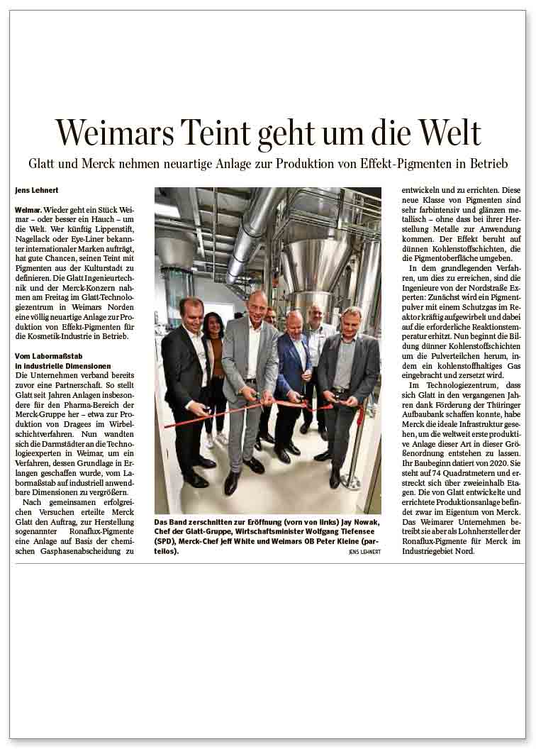 Fachbeitrag ''Glatt und Merck nehmen neuartige Anlage zur Produktion von Effekt-Pigmenten in Betrieb'', veröffentlicht in der Thüringer Landeszeitung, FUNKE Thüringen Verlag GmbH, 01.07.2023