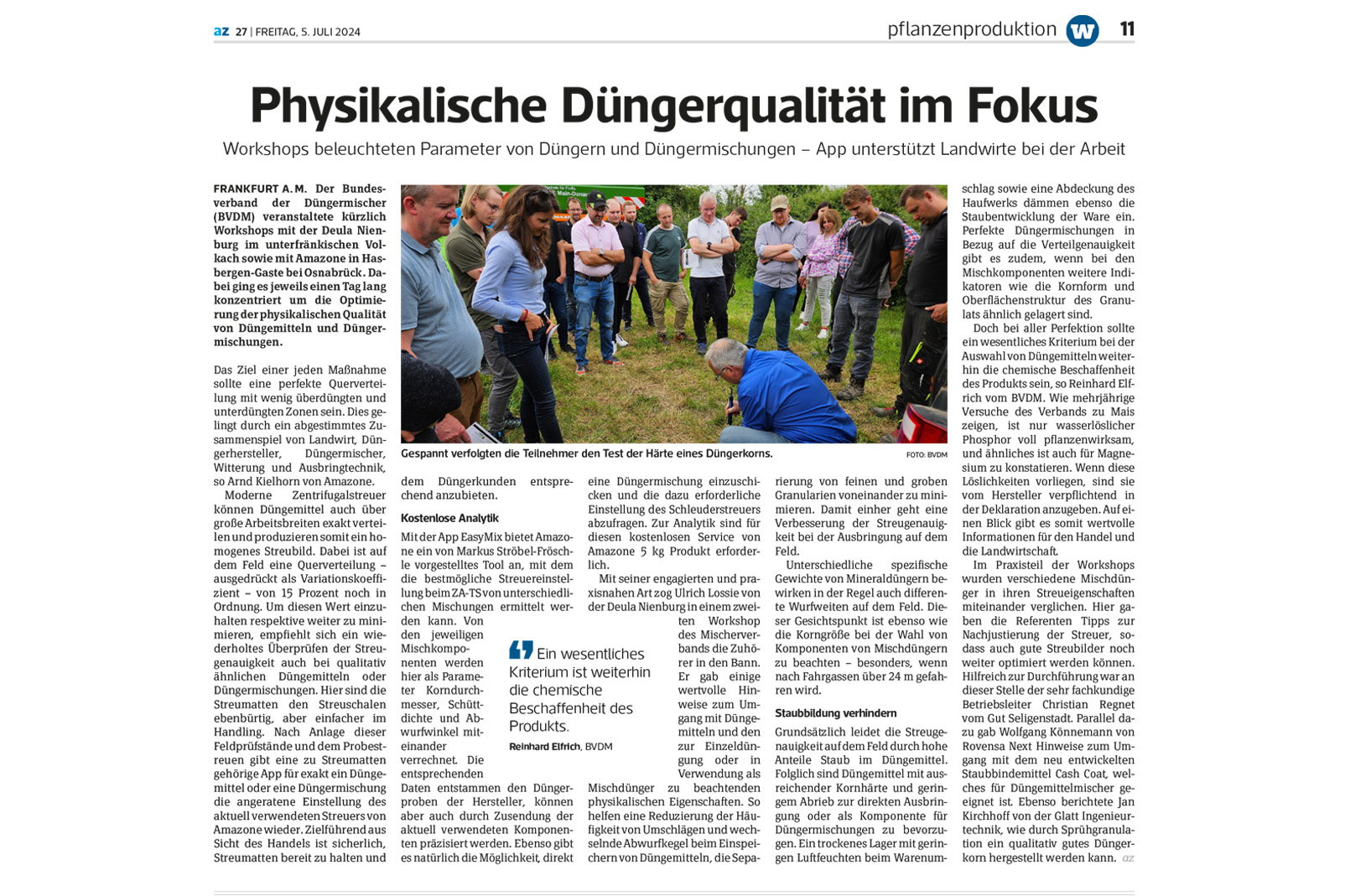 Article ''Physical fertilizer quality in focus", originally published in the 'Agrarzeitung', issue 5 July 2024