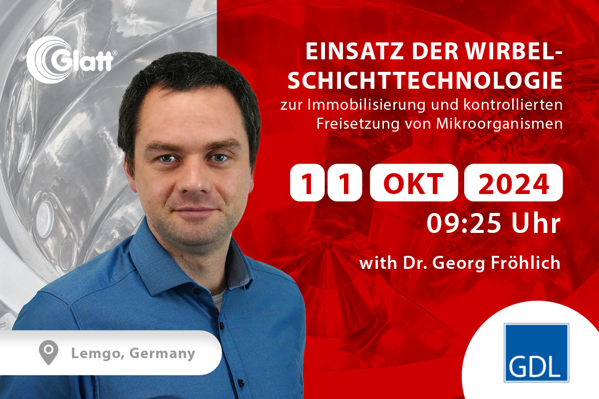 Termin vormerken: 11.10.2024  –  9:25 Uhr – Dr. Georg Fröhlich, Glatt Ingenieurtechnik, berichtet über ''Einsatz der Wirbelschichttechnologie zur Immobilisierung und kontrollierten Freisetzung von Mikroorganismen''