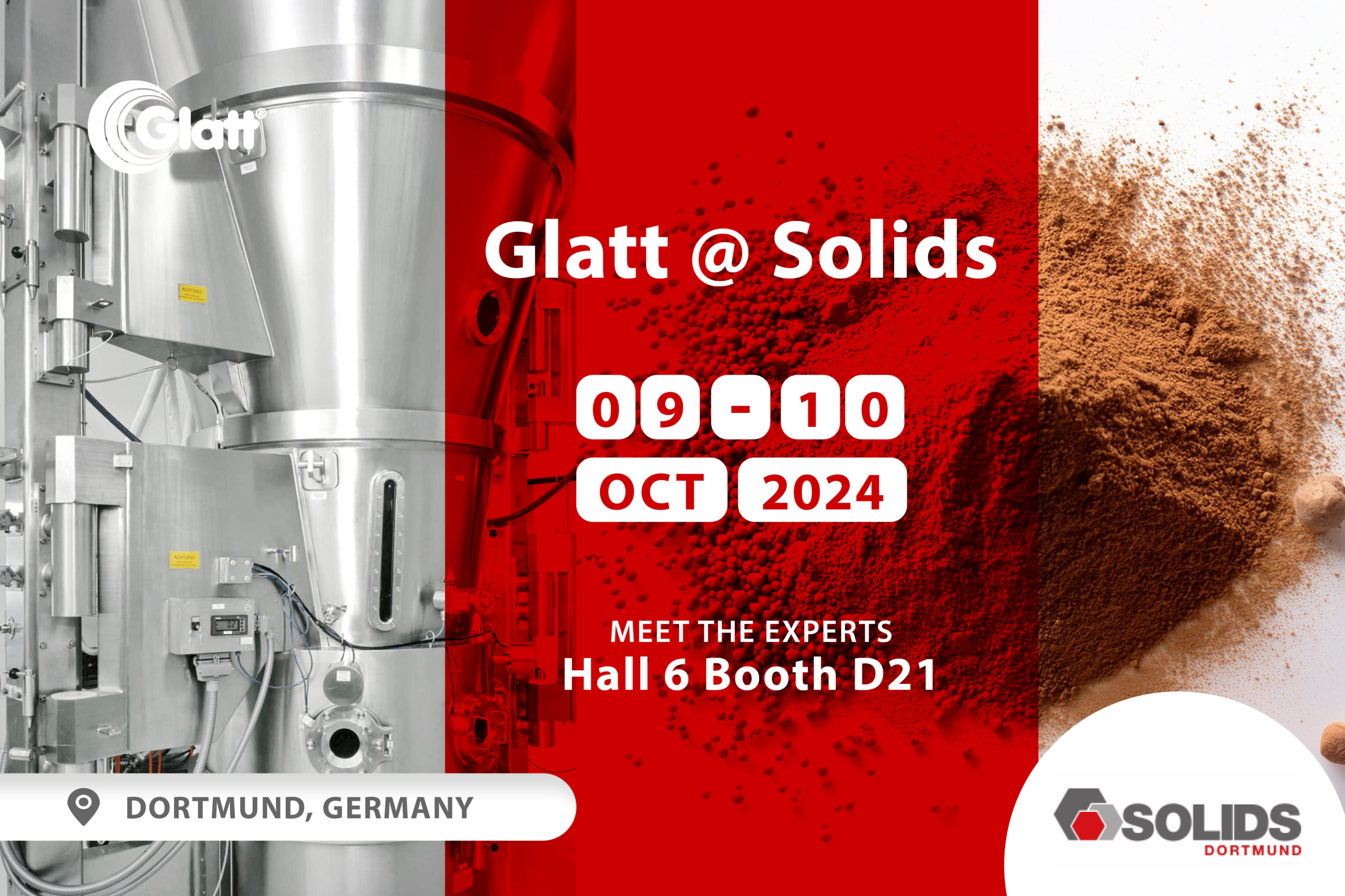 Termin vormerken: 09.-10.10.2024. Treffen Sie das Glatt-Team in Halle 6 am Stand D21 auf der SOLIDS in Dortmund