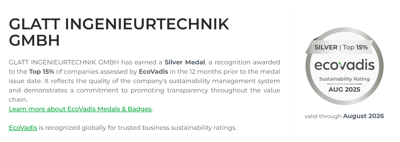 EcoVadis certification for sustainable actions of Glatt Ingenieurtechnik