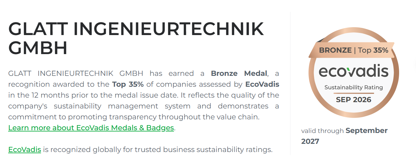 EcoVadis certification for sustainable actions of Glatt Ingenieurtechnik